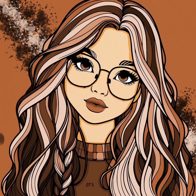 girl with long hair and freckles and glasses realistic