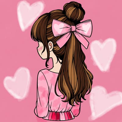 realistic girl  with hip length hair a bun and a big bow on the back of head
