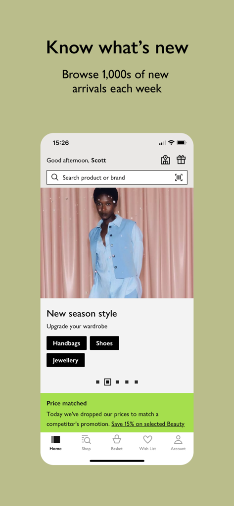 Der Startbildschirm der mobilen App von John Lewis und Partners mit Mode der neuen Saison und Suchfunktion.