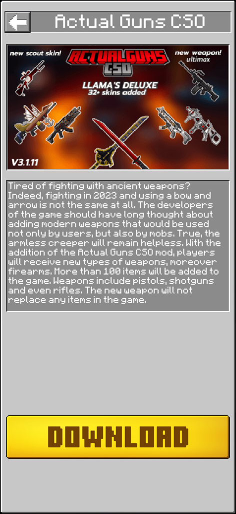 Gun Addons Skins for Minecraft - Interfaz del addon Actual Guns CSO con armas modernas para Minecraft