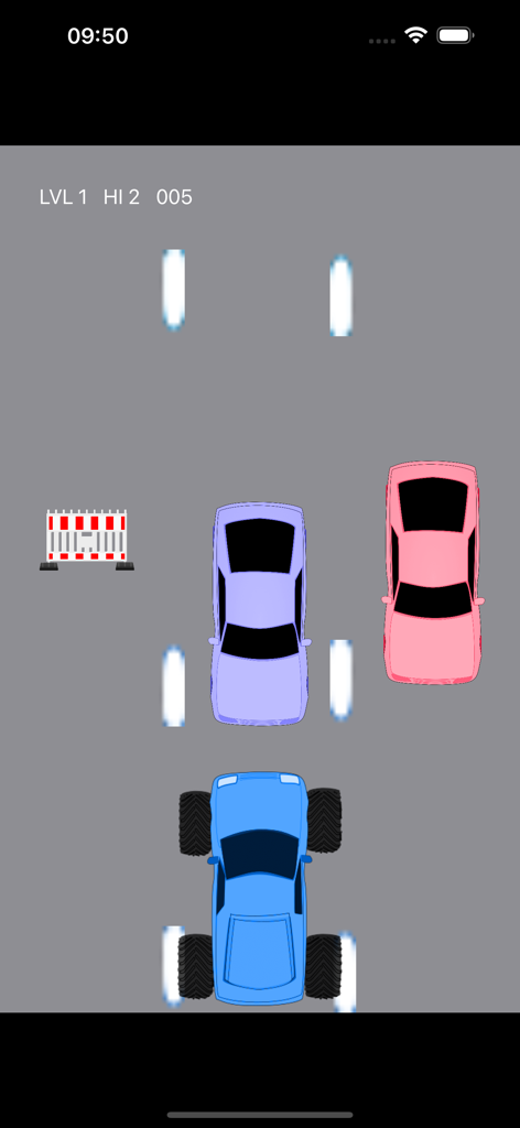 Monster Trucks: Car Smash Race - A top down view of a blue monster truck racing on a highway and avoiding obstacles