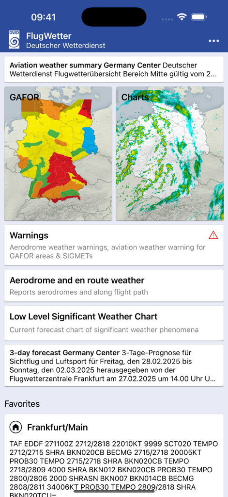 DWD FlugWetter - Dashboard für Luftfahrtwetter mit GAFOR-Karten und technischen TAF-Berichten für Piloten.