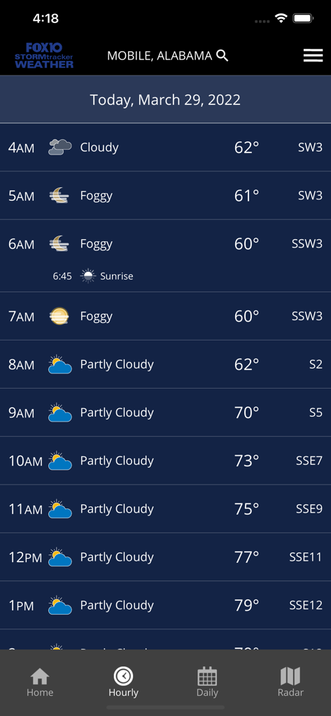 FOX10 Weather Mobile Alabama - Hourly weather forecast screen in the FOX10 Weather app for Mobile Alabama showing conditions and temperatures from 4 AM to 1 PM