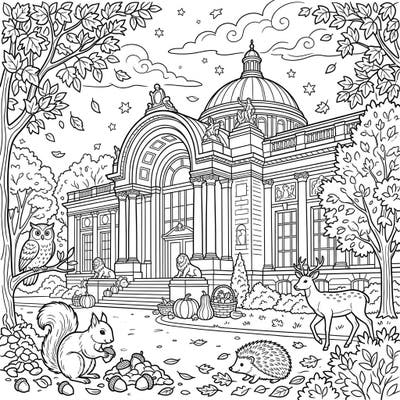 Step into an enchanting autumn scene with this detailed art museum coloring page, where grand architecture meets the beauty of the fall season. Discover charming woodland creatures, pumpkins, and falling leaves awaiting your creative touch.
