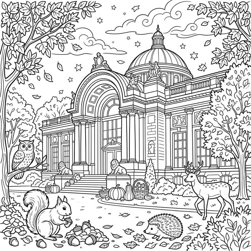 Step into an enchanting autumn scene with this detailed art museum coloring page, where grand architecture meets the beauty of the fall season. Discover charming woodland creatures, pumpkins, and falling leaves awaiting your creative touch.