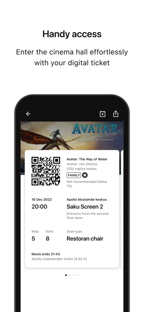 Apollo Kino Eesti - A digital movie ticket with a QR code displayed on a smartphone screen for paperless cinema entry.