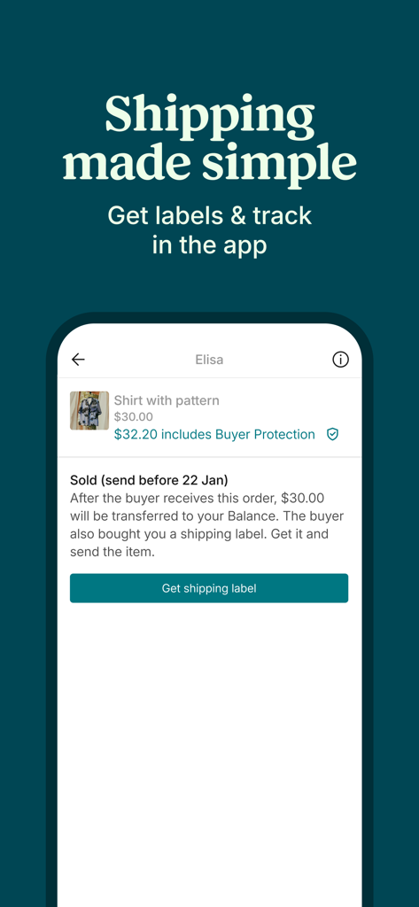 Vinted app interface showing a sold item notification with a button to generate a prepaid shipping label.