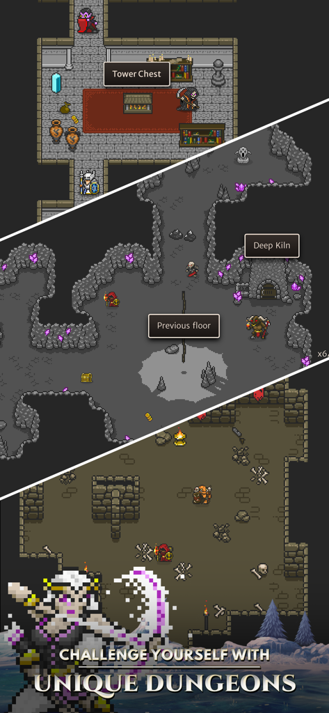 Orna: A Fantasy RPG & MMO game - Gameplay-Screenshot, der drei einzigartige 8-Bit-Pixelart-Dungeons in Orna Fantasy RPG zeigt