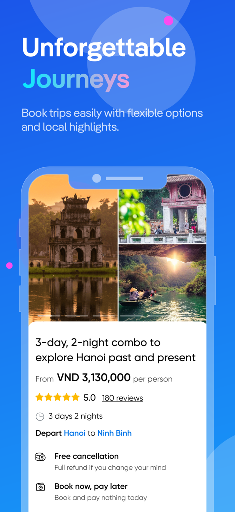 Visit-Vietnam - Visit-Vietnam app interface displaying a 3-day tour package for Hanoi and Ninh Binh