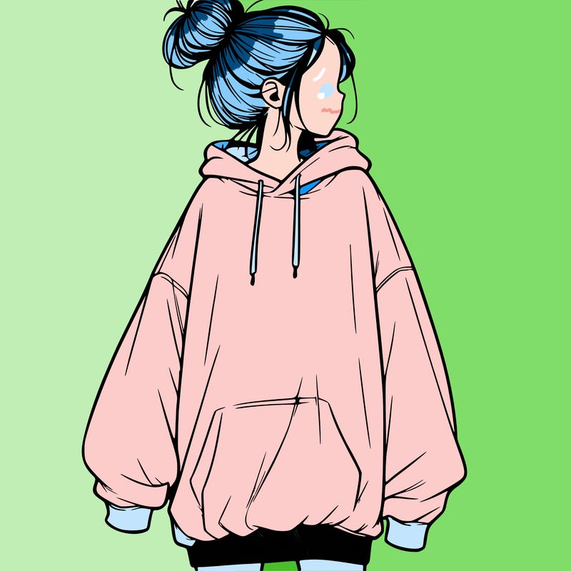 realistic girl with a oversized sweatshirt on and a bun