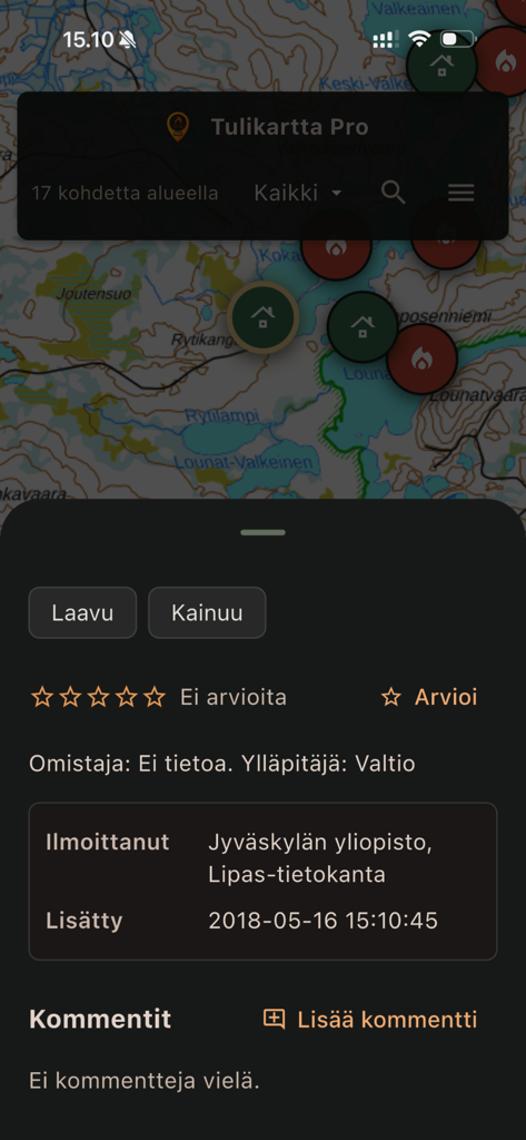 Tulikartta Pro - Interfaccia mappa di Tulikartta Pro che mostra indicatori di rifugi all'aperto e dettagli di posizione specifici per un capanno in Finlandia.