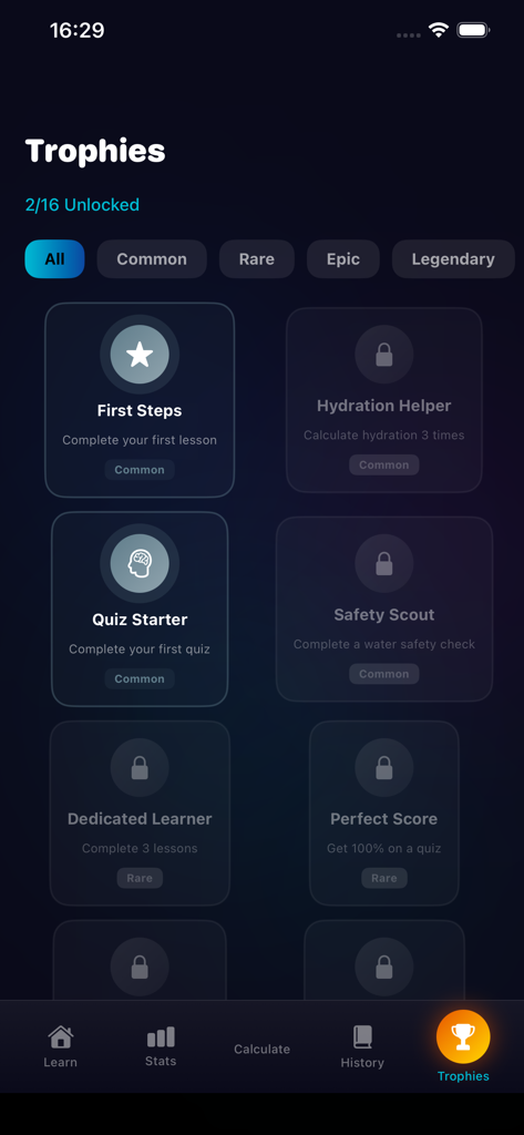 PetRoad-knowledge - PetRoad-knowledge app trophies interface displaying various achievement badges like First Steps and Quiz Starter