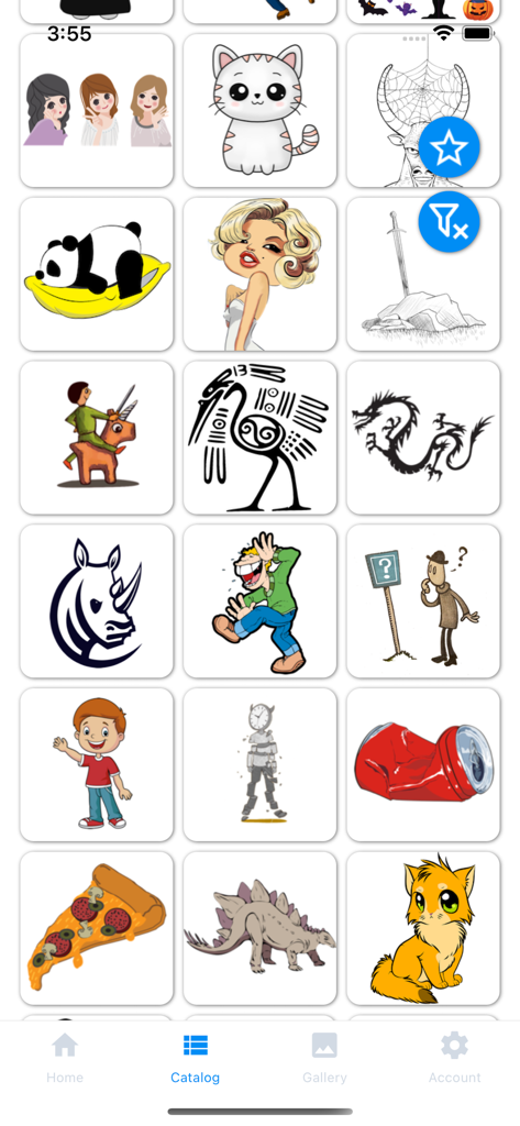 Un écran montrant le catalogue d'images de l'application Projecteur de traçage avec divers dessins à tracer