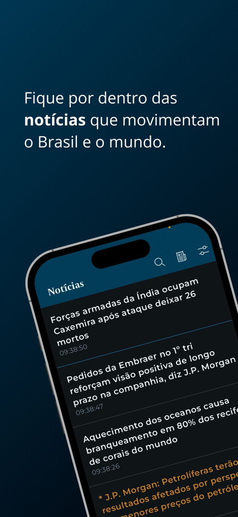 글로벌 시장 및 브라질 기업에 대한 헤드라인을 보여주는 Valor PRO 모바일 앱의 실시간 금융 뉴스 피드