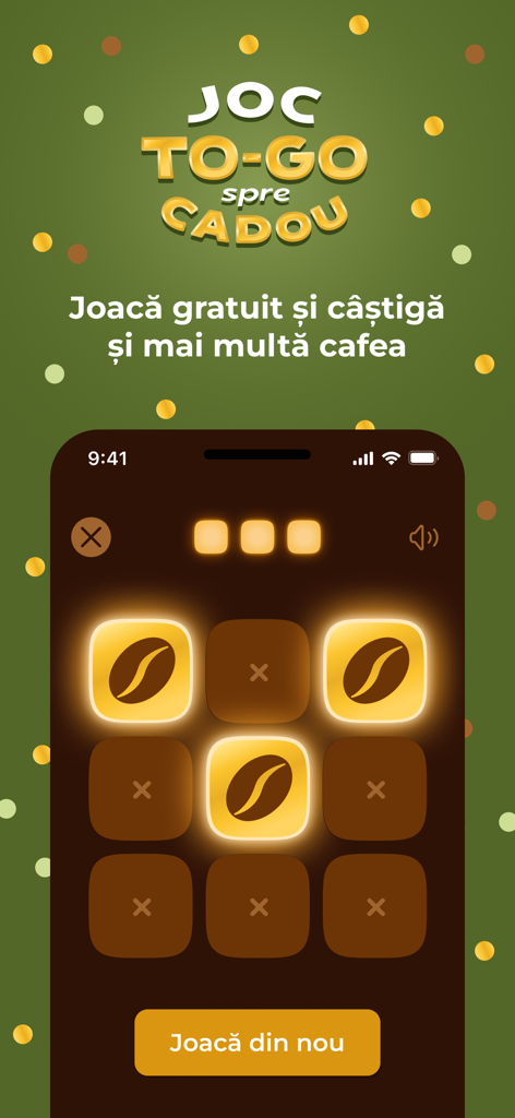 TO-GO Coffee - Gamified reward screen in the TO-GO Coffee app featuring a matching game with coffee bean icons