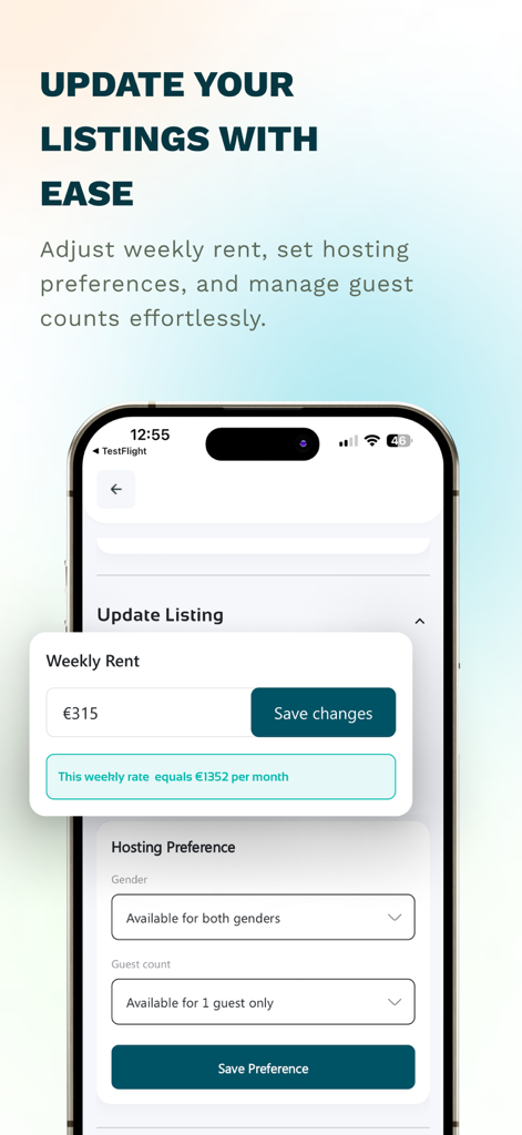 Mobile Ansicht der Hosting Power App, die Tools für Gastgeber zur Aktualisierung der Wochenmiete und der Vermietungspräferenzen anzeigt