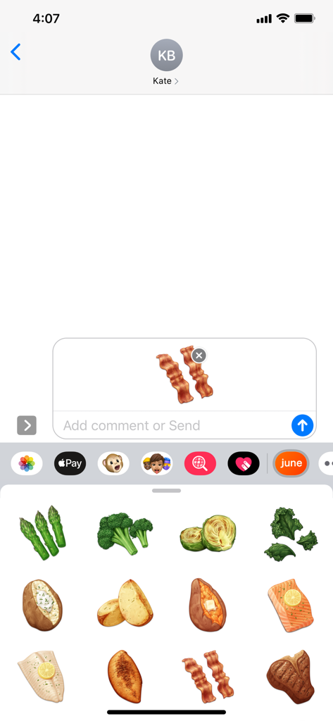 June - Autocollants iMessage de nourriture de l'application June mettant en scène du bacon et des légumes