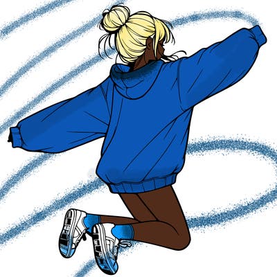 realistic girl jumping with a bun and oversized sweatshirt