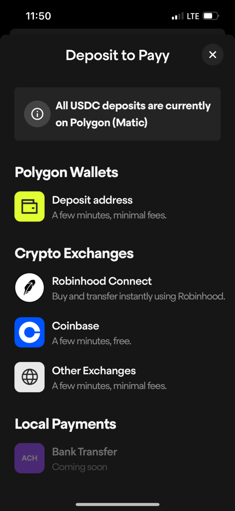 Deposit screen of the Payy app showing options for USDC transfers via Polygon wallets and crypto exchanges like Coinbase and Robinhood.