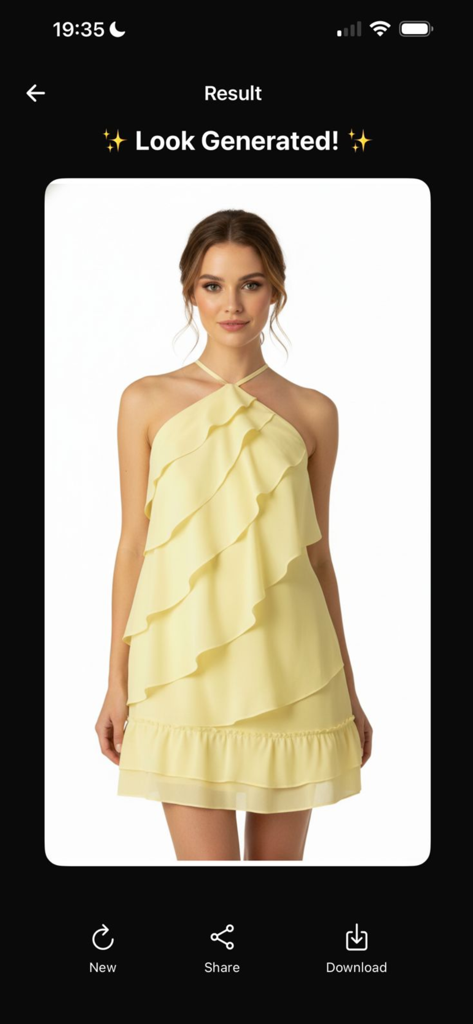 Screenshot of GenLook AI app showing a generated fashion result of a woman wearing a yellow ruffled dress