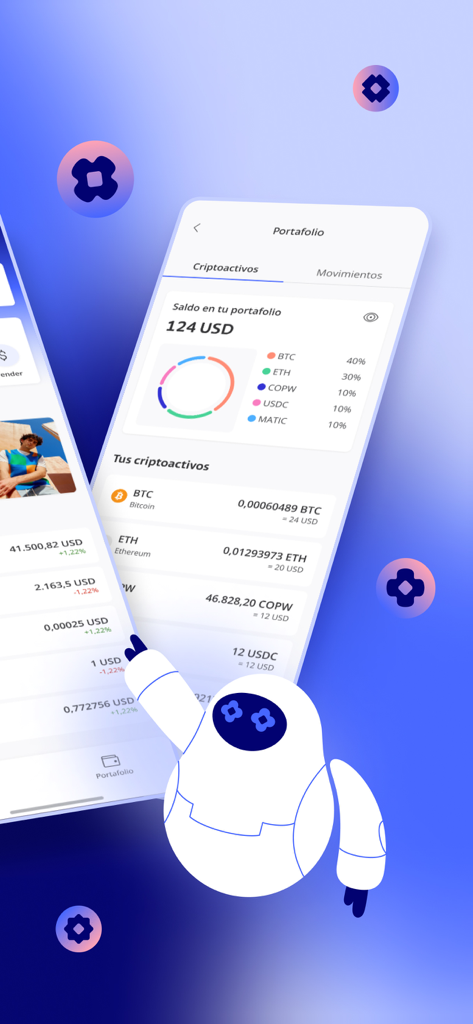 Wenia - Pantalla del portafolio de la app Wenia mostrando la distribución de activos de criptomonedas y el saldo en USD