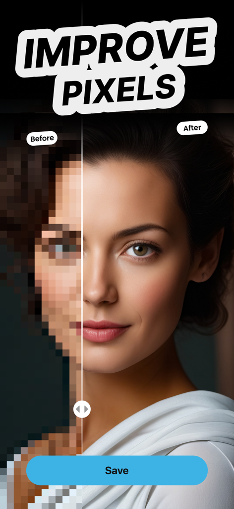 Enhancer & Analyzer: RePixel - Comparison of a pixelated woman's portrait before and after AI photo enhancement