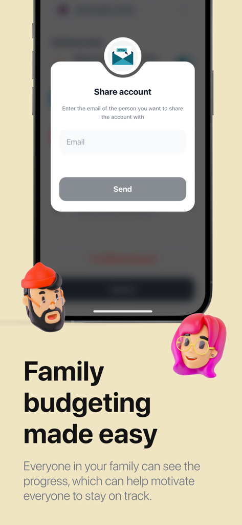 Money Flow: Easy Budget App - Tela do aplicativo Money Flow para compartilhar uma conta de orçamento com membros da família