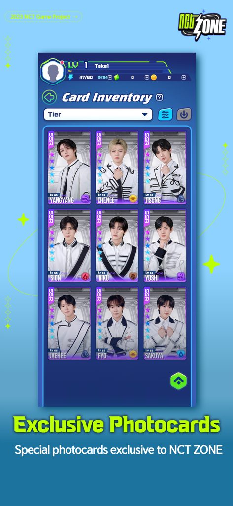 NCT ZONE - Digital photocard inventory screen in NCT ZONE game featuring exclusive SSR member cards