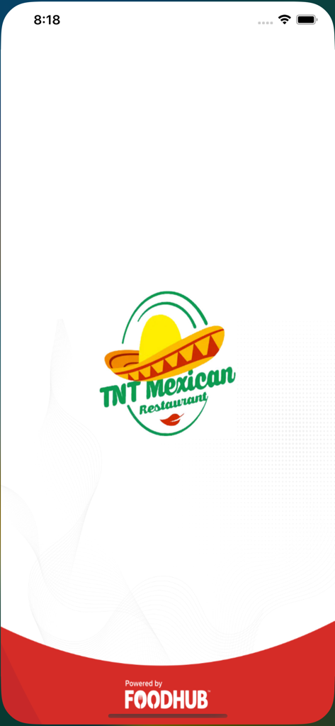 TNT Mexican Restaurant - TNT Mexican Restaurant app splash screen featuring the brand logo with a sombrero and Powered by Foodhub branding
