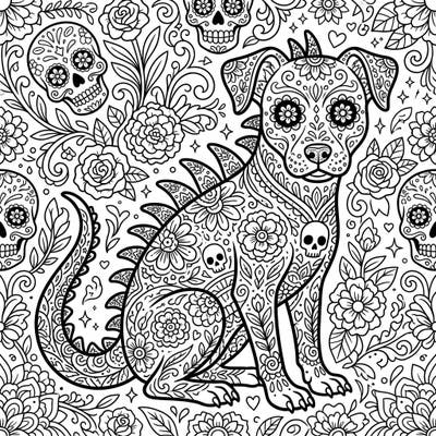 Dive into a world where folklore meets vibrant tradition with this Chupacabra Day of the Dead coloring page. Adorned with intricate sugar skull and floral designs, it offers a truly unique artistic experience.