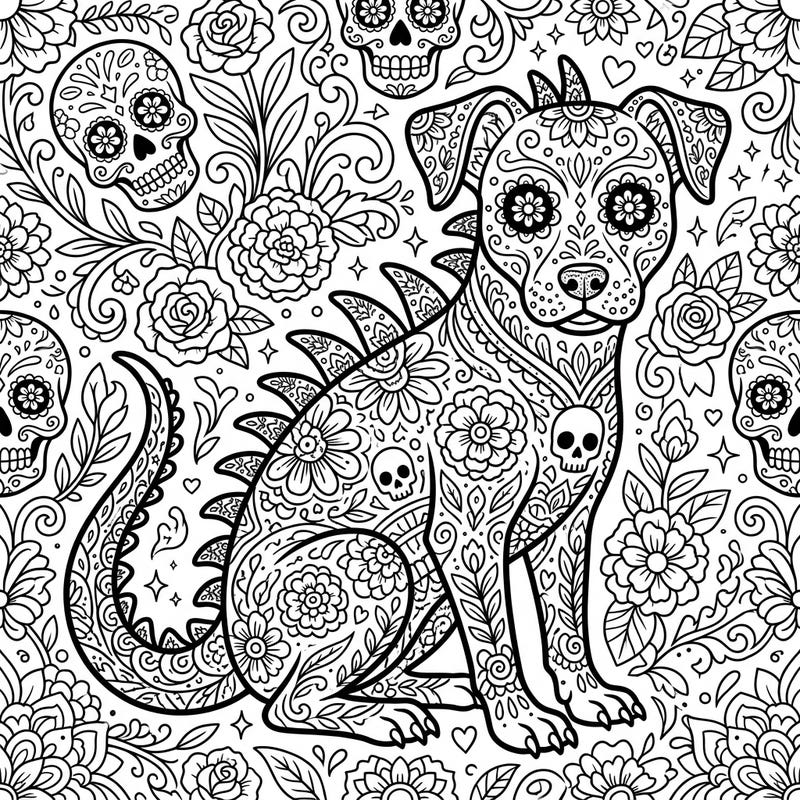 Dive into a world where folklore meets vibrant tradition with this Chupacabra Day of the Dead coloring page. Adorned with intricate sugar skull and floral designs, it offers a truly unique artistic experience.