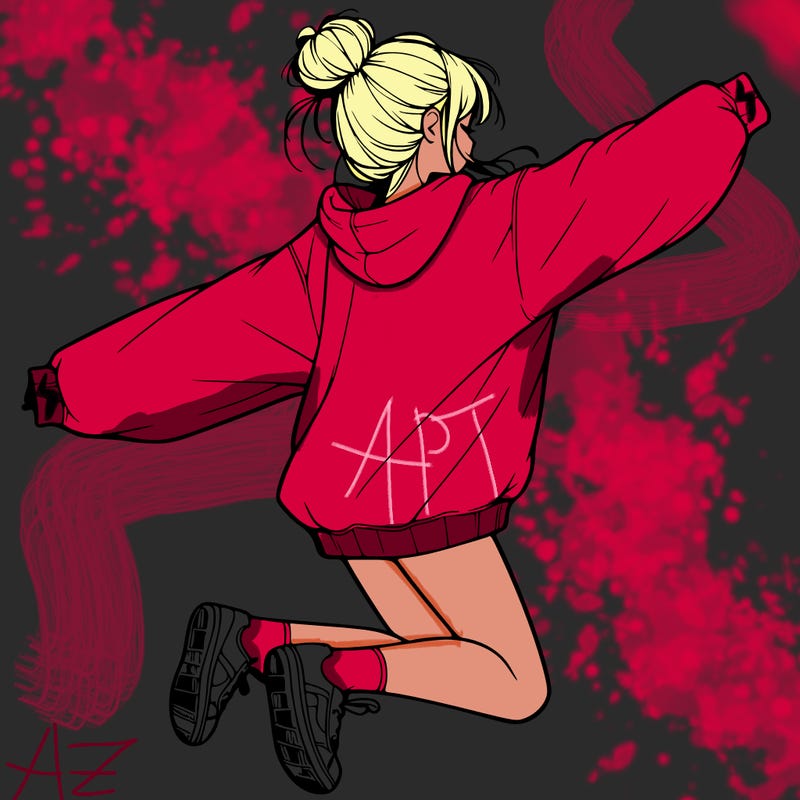 realistic girl jumping with a bun and oversized sweatshirt