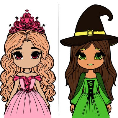 two realistic girls one princess one witch