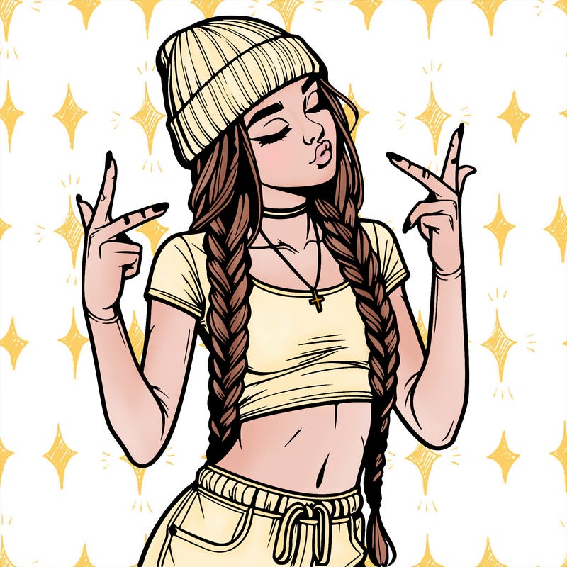 realistic teenage girl with braids and a beanie and crop top doing 🫶🏼