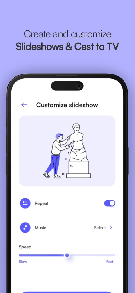 Remote control for Mi Box - iPhone screenshot showing slideshow customization options in the Mi Box remote app including speed and music settings