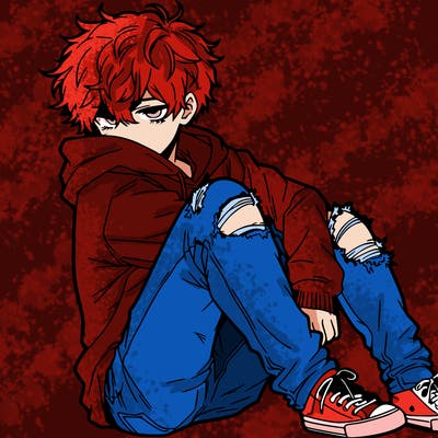 a male hoddie ripped jeans messy hair anime
