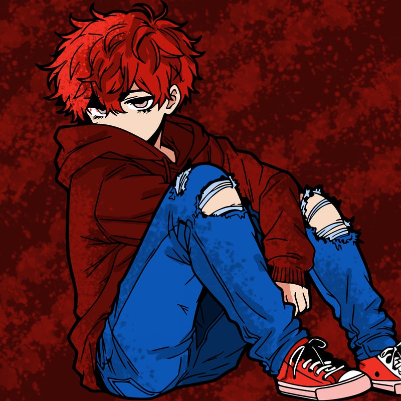 a male hoddie ripped jeans messy hair anime