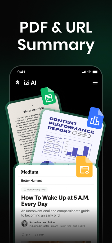 AI Chat Bot Assistant - izi - izi AI app interface showing how to summarize PDFs and web articles for quick reading.