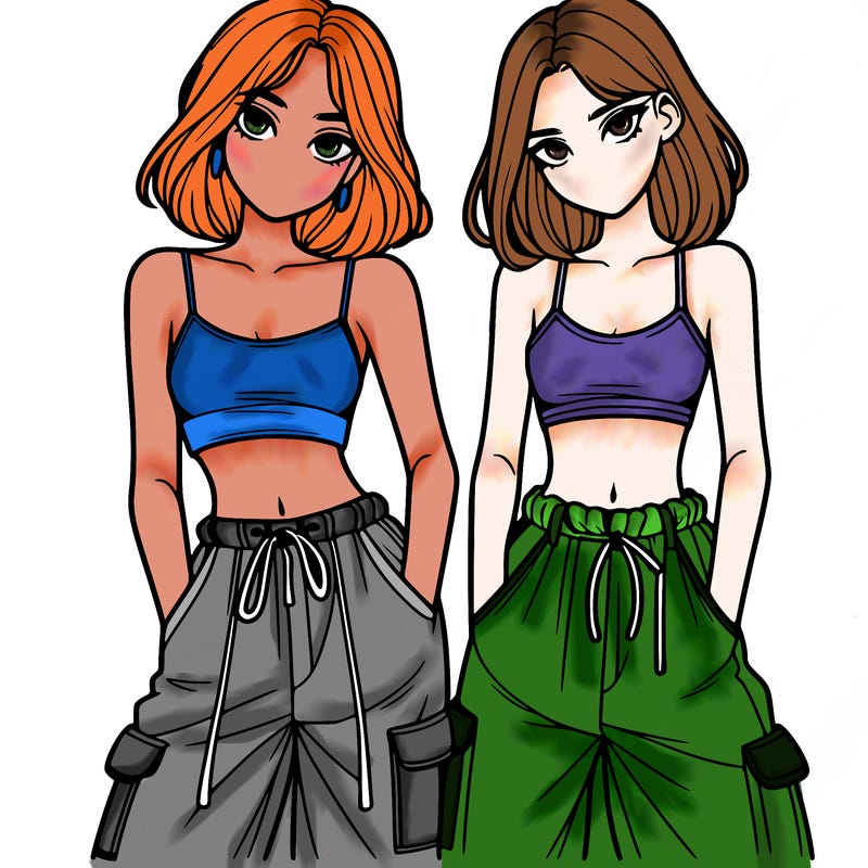 two girls with crop top with baggy pants