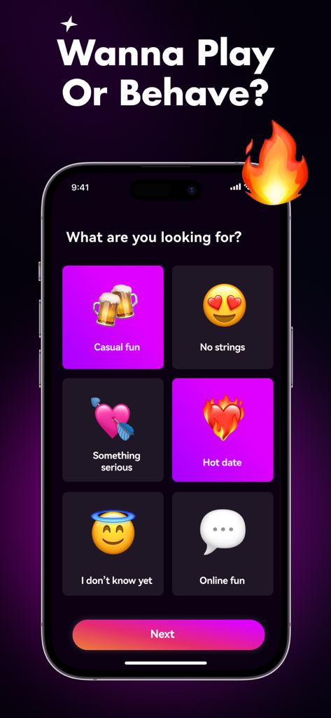 Adult Friend Flirt App: XFun - XFun mobile app interface showing user options for dating goals like casual fun and hot dates
