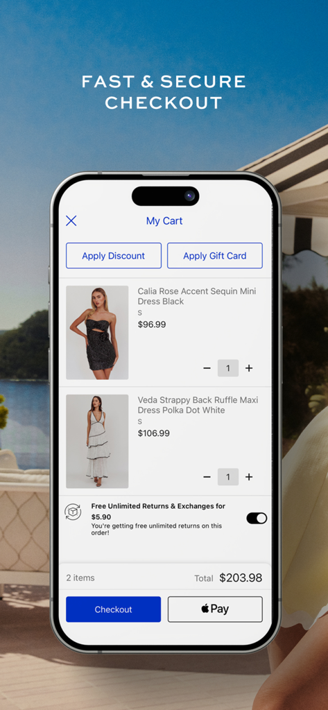 Selfie Leslie - 드레스가 포함된 쇼핑 카트와 Apple Pay 결제 옵션을 보여주는 Selfie Leslie 앱 결제 화면