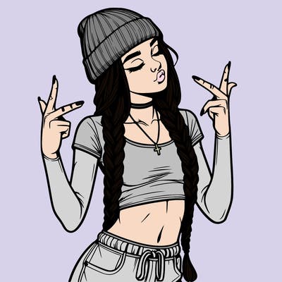 realistic teenage girl with braids and a beanie and crop top doing 🫶🏼
