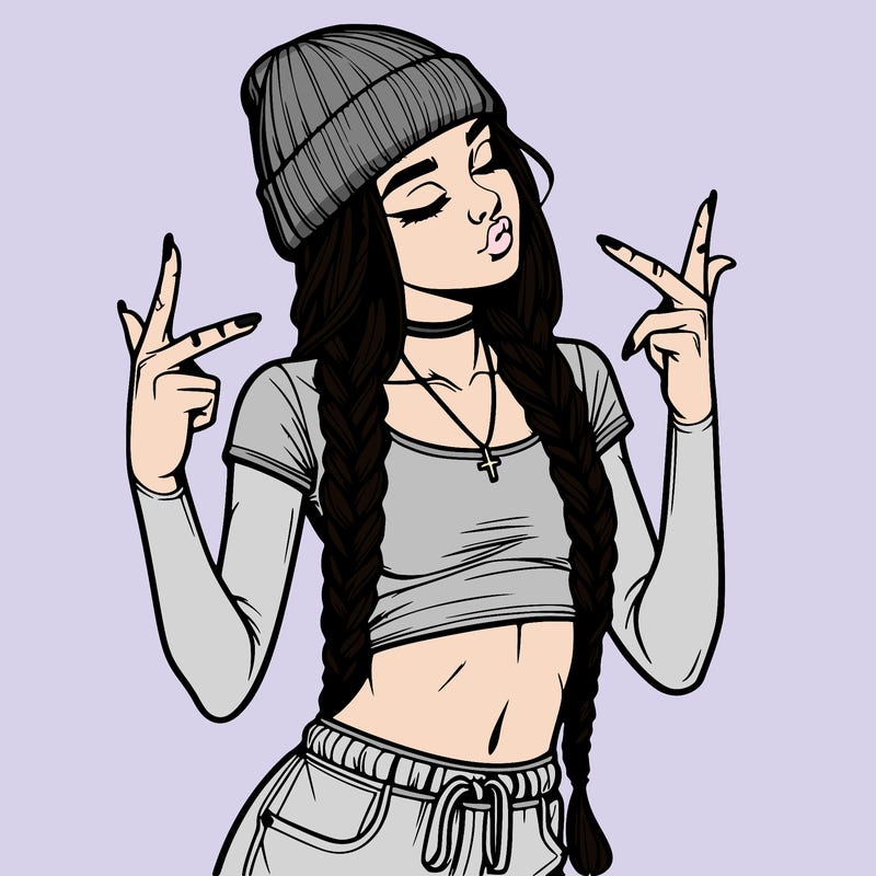 realistic teenage girl with braids and a beanie and crop top doing 🫶🏼