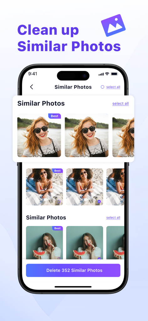 Photo Clean up:phone cleaner - Interface de l'application Nettoyage Photo affichant des groupes de photos similaires avec une option pour supprimer les doublons et conserver les meilleures photos
