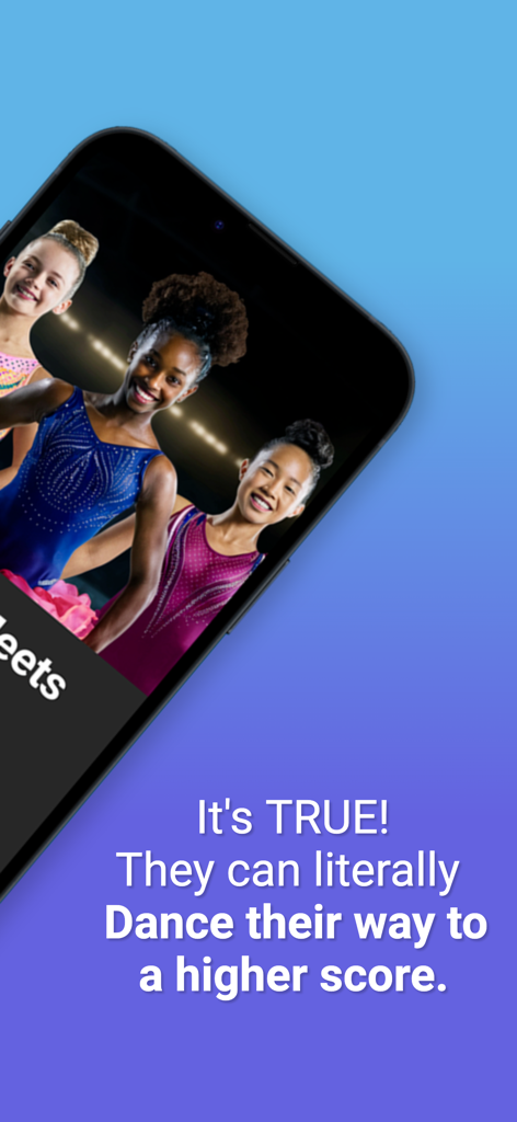 Young female gymnasts in leotards smiling on a promotional app screen about dancing to a higher score