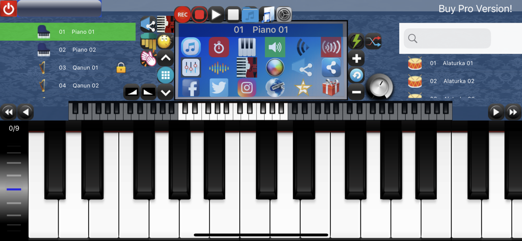 Digital arranger keyboard interface of the Portable ORG app showing piano keys and Middle Eastern music settings