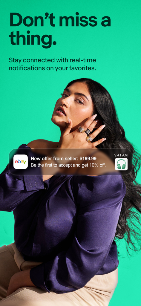 A woman pictured behind an eBay mobile app notification showing a new seller offer and 10 percent discount