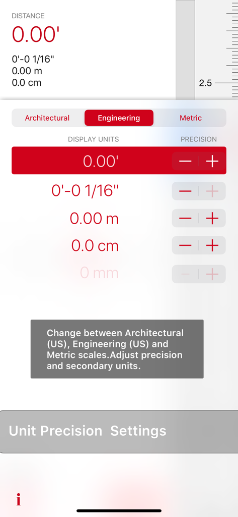 Scala Architectural Scale - Scala Architectural Scale unit precision and secondary units settings screen showing architectural engineering and metric options