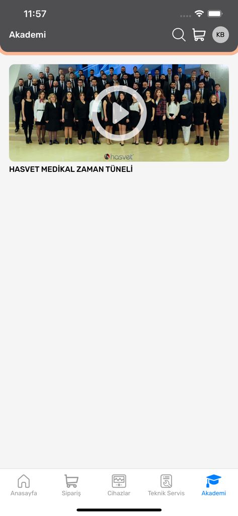 Hasvet - Tela da Academia do aplicativo móvel Hasvet exibindo uma miniatura de vídeo para desenvolvimento profissional veterinário.