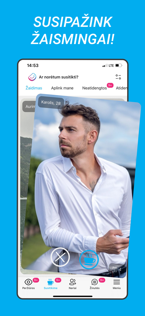 Draugas.lt - Pažintys - Captura de pantalla de la aplicación móvil de Draugas.lt que muestra una tarjeta de perfil de usuario masculino y el menú de navegación en lituano.